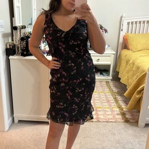 Vintage 90’s Midi Dress S Sleeveless Floral Ruffle Asymmetrical Black Printed